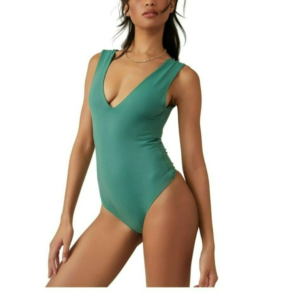 Free People Keep It Sleek Bodysuit Thong Sleeveless Women's L Forest Road Green - Picture 5 of 16